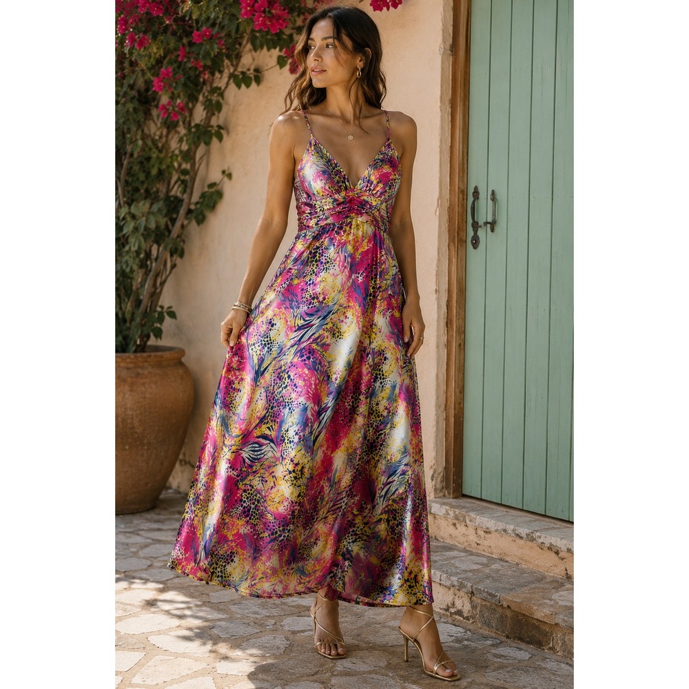 Nicholas Reid Satin Tropical Animal Print Slip Midi Dress NWT Size L